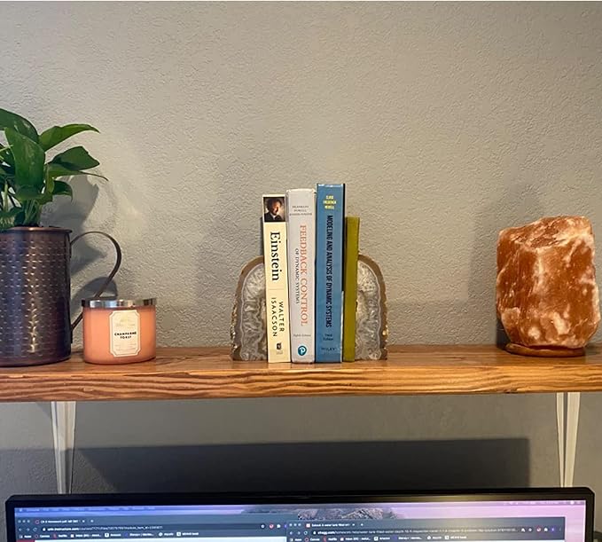 JIC Gem Natural Agate Geode Bookends Rubber Bumpers Shelf Decor 2-3 Lbs | 1 Pair Decorative Stone Book Holders for Shelves,Crystal Bookends with Anti-Slip Rubber,Small Book Stoppers for Decor Gift