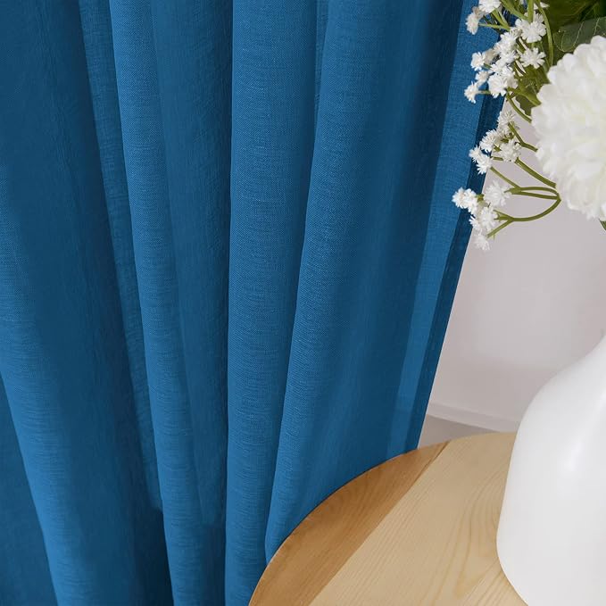 Tollpiz Short Sheer Curtains Living Room Linen Textured Curtain Sheers Light Filtering Voile Rod Pocket Curtains for Bedroom, 38 x 45 inches Long, Classic Blue, Set of 2 Panels