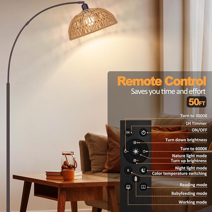 Brilvibera Boho Floor Lamp with Remote Arc Tall Lamp