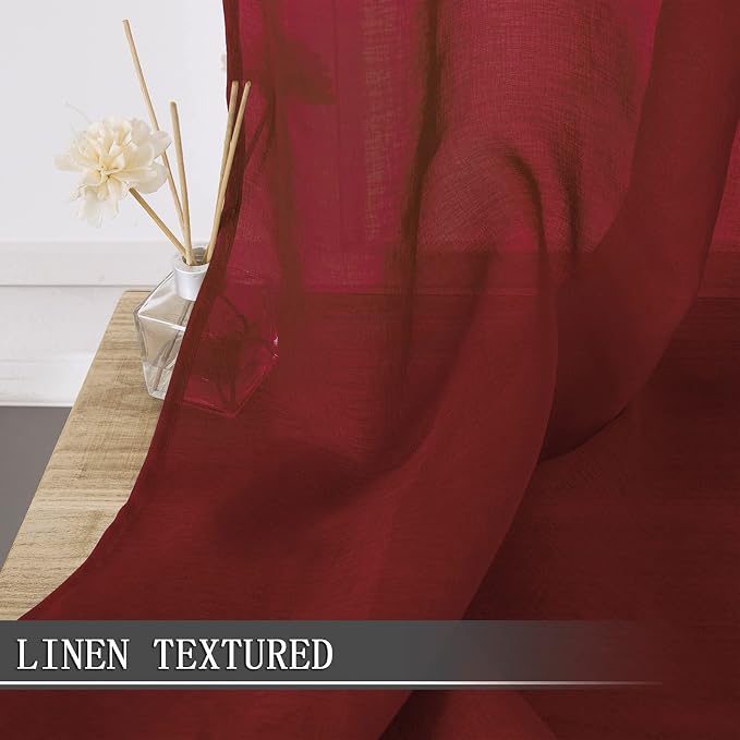 Tollpiz Short Sheer Curtains Living Room Linen Textured Curtain Sheers Light Filtering Voile Rod Pocket Curtains for Bedroom, 38 x 45 inches Long, Burgundy Red, Set of 2 Panels