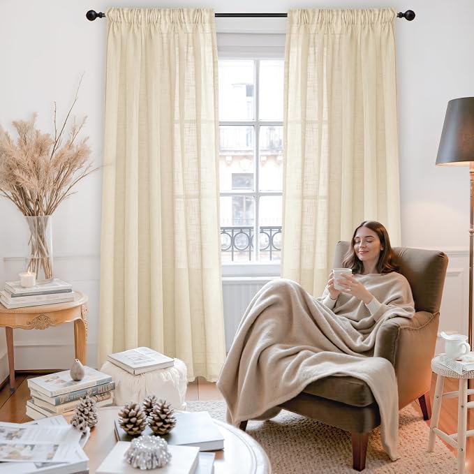 Tan Linen Semi Sheer Curtains for Farmhouse Living Room 52x84 Inch Length | Natural Light Filtering Window Drapes Textured with Rod Pocket Back Tab for Dining Bedroom Window, 2 Panels