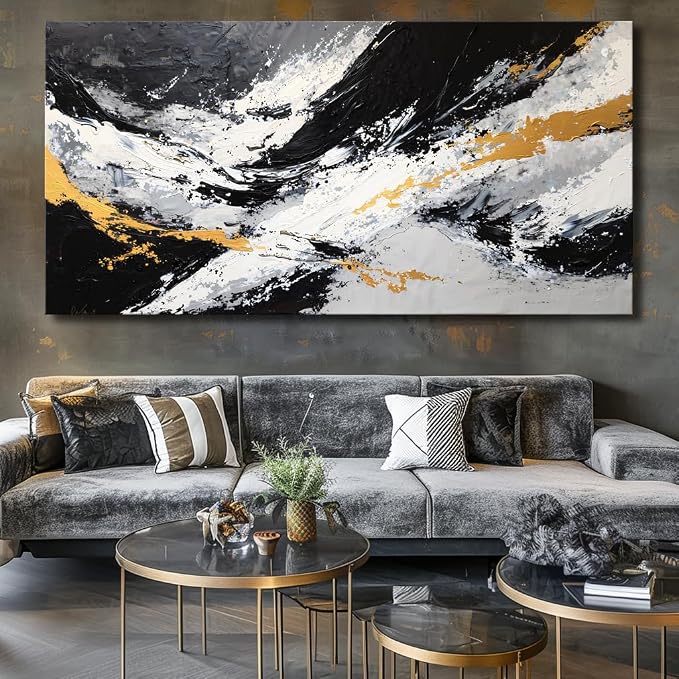 Large Abstract Black and Gold Ink Splatter Wall Art Stylish Framed Canvas Print for Living Room, Bedroom, Dining Room, and Home Office Modern Ready to Hang Home Decor - 20"x40"
