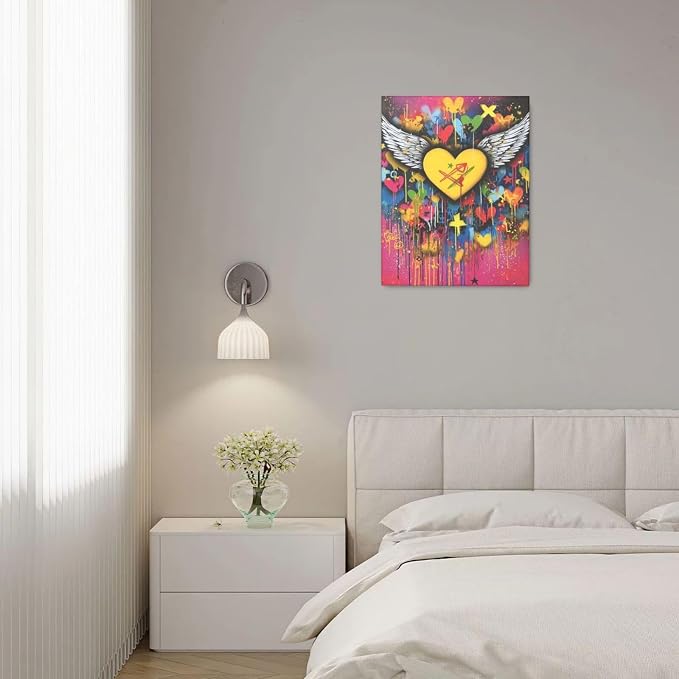 Crekviy Banksy Wall Art Street Graffti Wall Decor Heart Wings Canvas Prints Painting Romantic Artwork Decorations for Bathroom Bedroom Living Room Office Framed Gifts 16"x20"