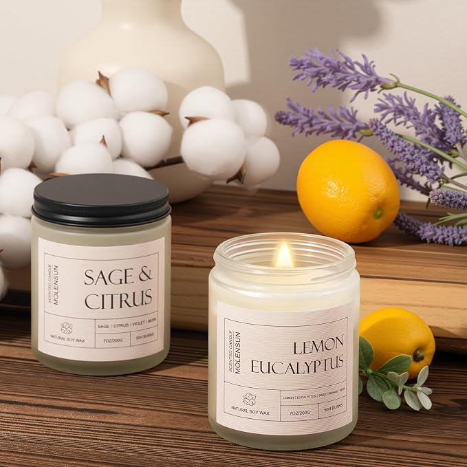 Molensun 4 Pack Candles for Home Scented, 28 oz Long Lasting Candles, Soy Candle Set Gift for Women - Scents of Lemon Eucalyptus/Vanilla Cupcake/Sage &Citrus/Lavender Thyme