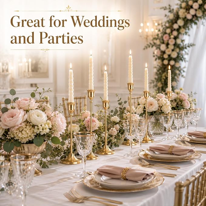 12 Pcs Brass Gold Taper Candle Holders Set, Tall Taper Candlestick Holders Vintage Metal Candle Stick Holder for Wedding Party Table Centerpiece Festive Christmas Mantel Decoration, Gold
