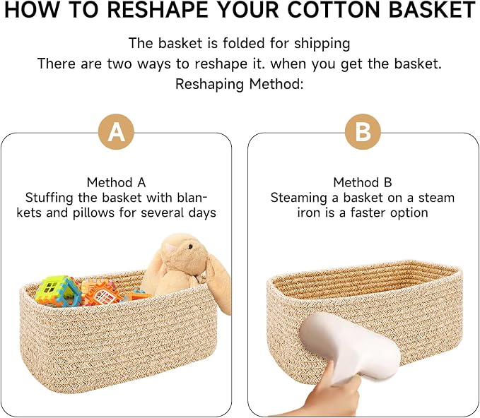 MiniArk Small Storage Baskets for Organizing | Closet Organizer Bins | Shelf Toy Basket | Woven Rope Baskets | Cube Decorative Box | Shallow Basket | 13x8.5x5.1” | 3 Packs White Pink