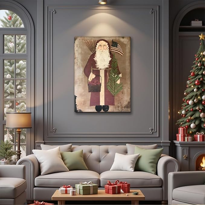 FLZYKGPA Retro Christmas Wall Art Prints 12x18in, Santa Claus Christmas Holiday Canvas, Winter Farmhouse Christmas Poster, Christmas Gallery Wall Decor, Vintage Christmas Decor for Holiday