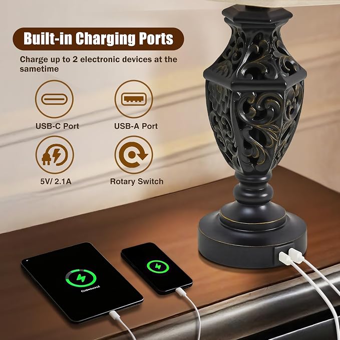 EJIAXIN Lamps for Night Stands Set of 2-23.5" Vintage Bedside Lamp with USB A+C and Nightlight - Black Retro Carved Resin Farmhouse Table Lamp for Bedrooms, End Tables, Living Room, Bulbs Included