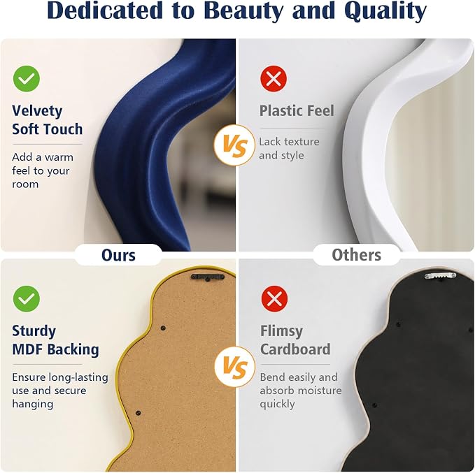 Irregular Wall Mirror Living Room Decor, Decorative Wavy Funky Mirrors with Flocking Touch, Modern Asymmetrical Mirror for Hallway Entryway Staircase Bathroom Bedroom (Dark Blue)