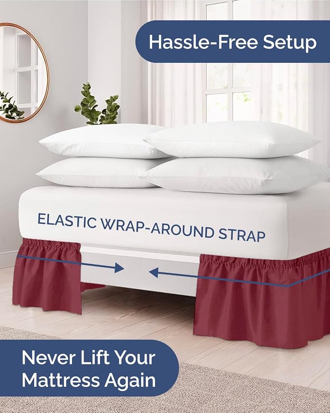 Wrap Around Dust Ruffle Bed Skirt - College Dorm Room - Twin/Twin XL | Burgundy, 12 Inch Drop, Elastic Strap & Adjustable Pleated Bedskirt, Wrinkle Free, for Women, Men, Students, Kids & Teens