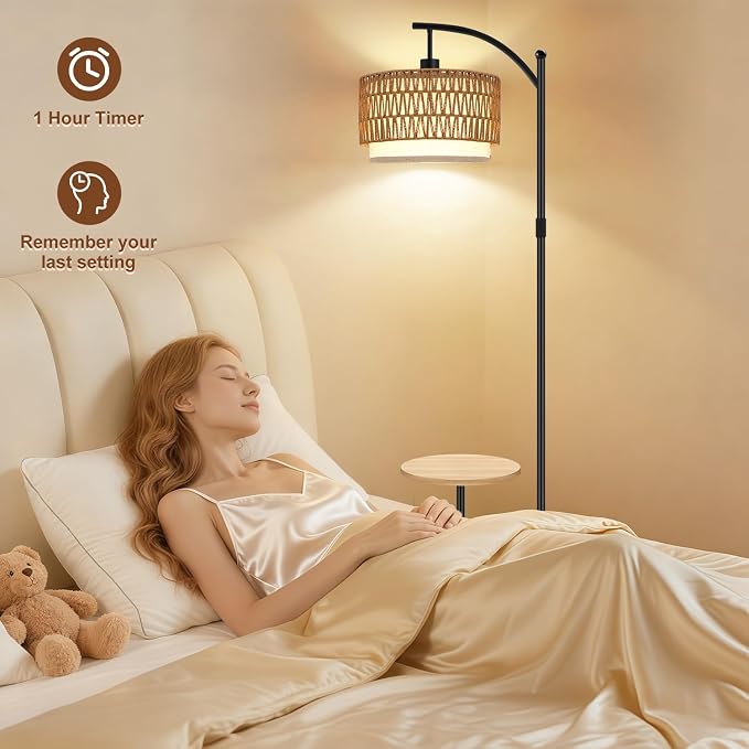Vinaco Rattan Boho Floor Lamp with Table, Dimmable Remote & Foot Switch