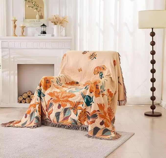 Boho Throw Blanket for Bed 100% Cotton Bohemian Blankets Ultra Soft Woven Muslin Decorative Blankets All Seasons Vintage Quilt Knitted Blanket for Sofa Chair(Orange, 60"x80")