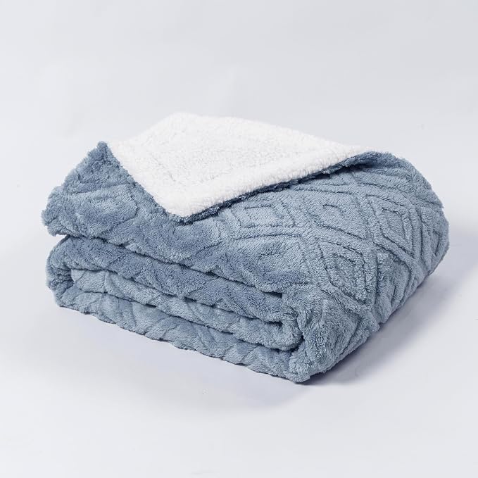 EverGrace Jacquard Reversible Sherpa Throw Blanket, 60" x 80", Blue Linen | Jacquard Sherpa Throw Blanket, Super Soft, Cozy Plush Blanket, Reversible Thick Warm Throw for Bed, Sofa, Living Room