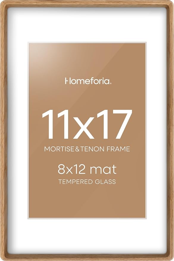 Homeforia 11x17 Mortise&Tenon Natural Oak Picture Frame, 8x12 Mat, Glass