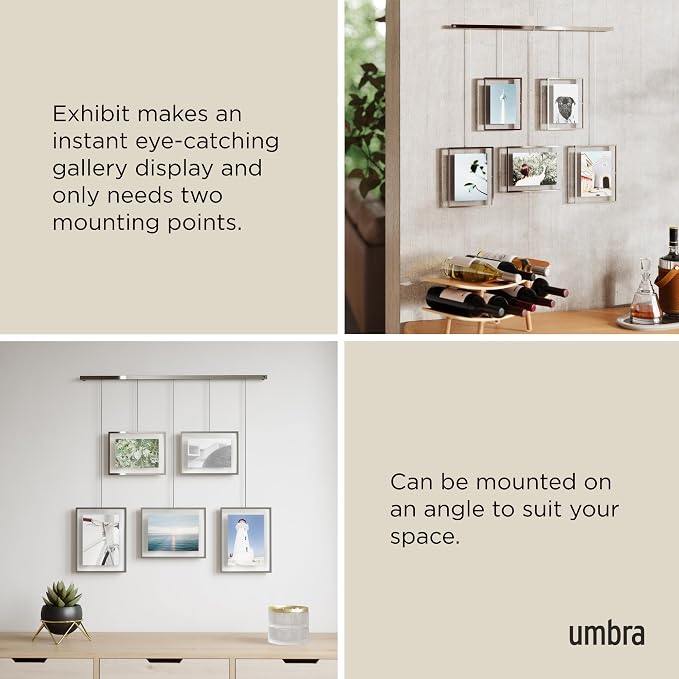 Umbra Exhibit Picture Frame Set, Adjustable Wall Mount, Set of 5, Chrome | Steel construction, customizable layout, damage-free hanging, fits 4x6 and 5x7 photos, includes mounting hardware