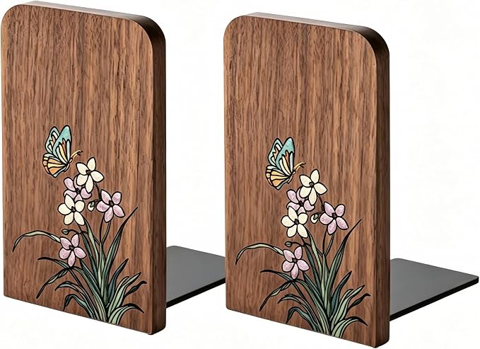 Wood Book Ends for Shelves, Traditional Craft Hand-Painted Bookends, 5.12" H Book Holder for Shelf, 1 Pair Decorative bookends for Office, School, Bookstore, Home.