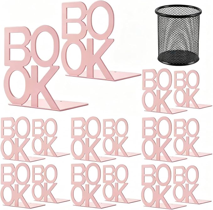 Book Ends-Metal BookEnds for Bookrack Desk,Books(Pink, 8 Pair)