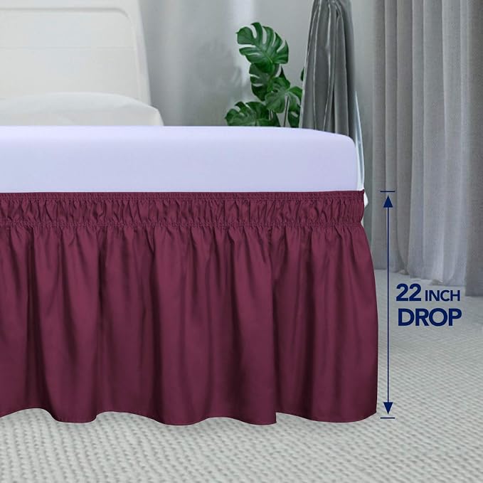 PureFit Wrap Around Ruffled Bed Skirt, Wine, Twin/Full - 22" Drop | Wrinkle Free Bedskirt Dust Ruffles, Easy to Put On Frame Cover with Adjustable Elastic Belt