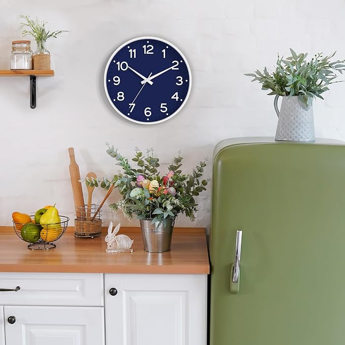 Roymnie 8 Inch Wall Clock, Battery Operated Silent Non Ticking Analog | Navy Blue modern analog; large 3D easy-read dial for kitchen, office, bathroom & bedroom; 1 AA battery (not included)