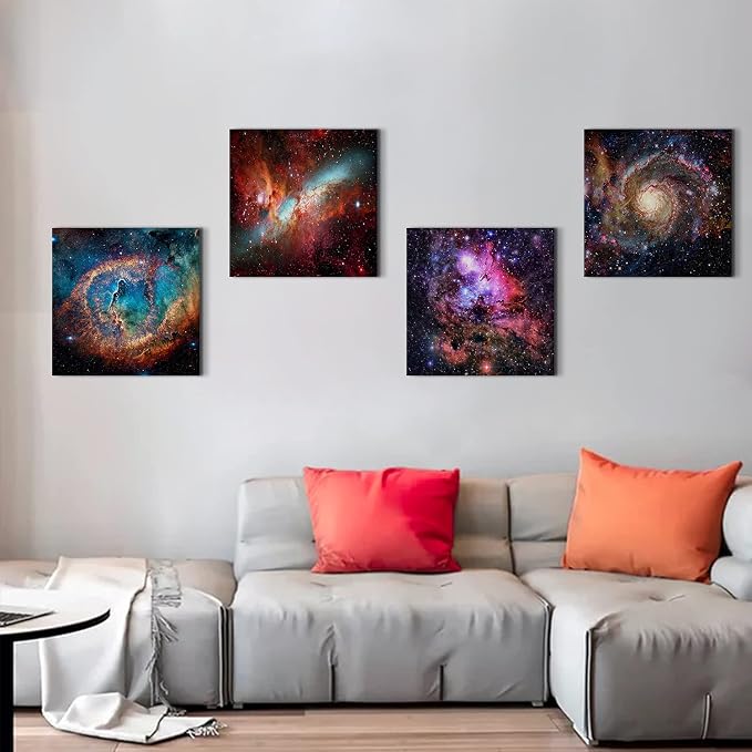Nebula Galaxy Wall Art Painting Prints on Canvas Wall Decorations Wooden Frames Canvas 24" x 24" x 4 Panels/Set Outer Space Starlight Modern Artwork Pictures Home Wall Decor Cosmic Astronomy Posters