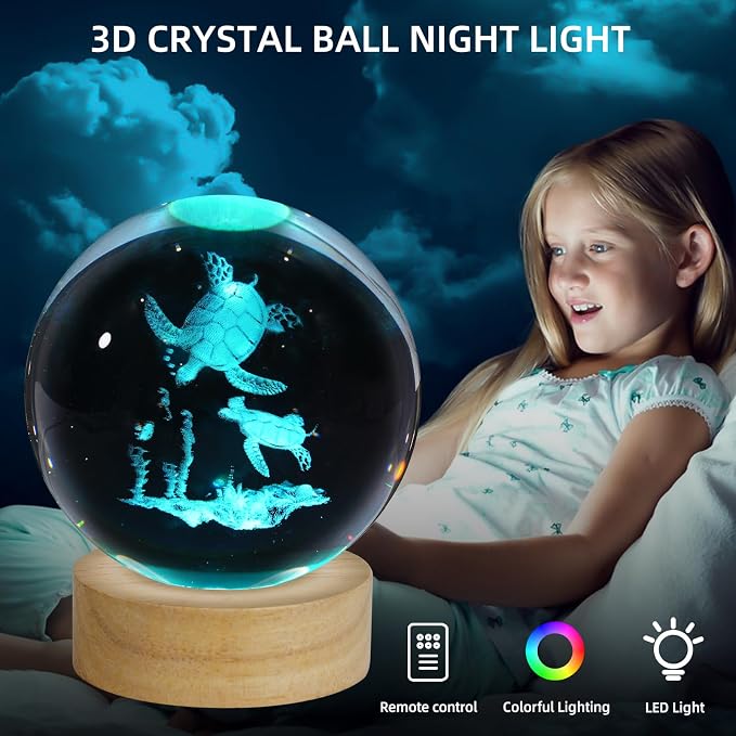 3D Sea Turtles Crystal Ball Night Light, Upgraded 3.15 Inch Glass Ball Lamp with 16 Color LED Wooden Base, Sea Turtles Decor Birthday Holiday Christmas Gifts for Boys Girls Friends