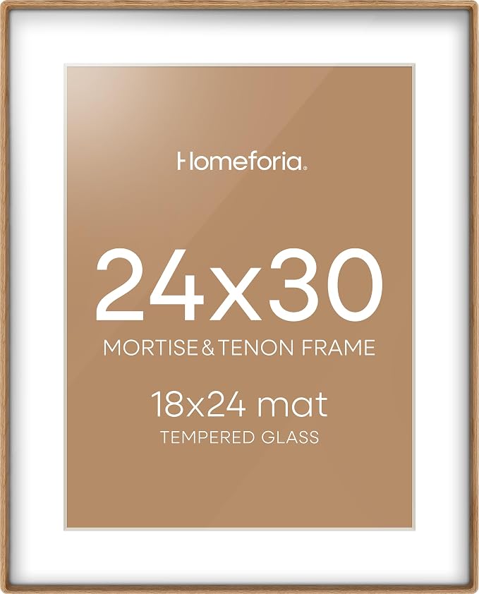 Homeforia 24x30 Mortise&Tenon Natural Oak Picture Frame, 18x24 Mat, Glass