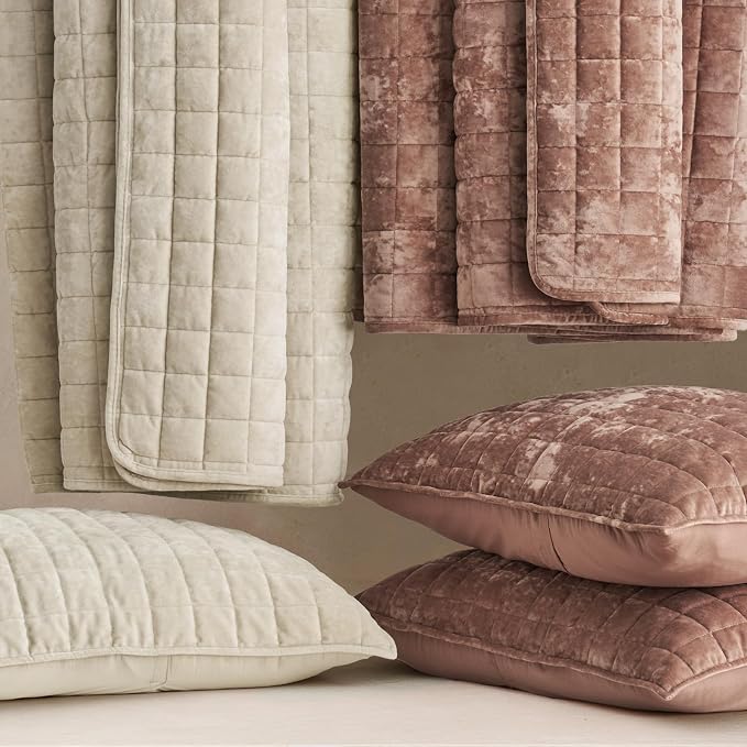 RECYCO Channel Box Stitch Velvet Quilt Set, Queen Size, Terracotta Clay | Ultra Soft Lightweight Velvet Comforter, Luxury Oversized Bedspread Coverlet, Quilted Bedding Set for All Season with 2 Shams