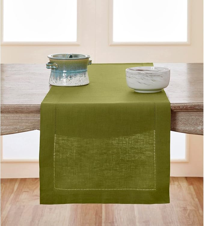 Solino Home 100% Pure Linen Table Runner Avocado Hemstitch, 14 x 120 in | Classic Hemstitch, dresses up dining tables for everyday meals, hemstitched border, mitered corners, soft, OEKO-TEX Certified