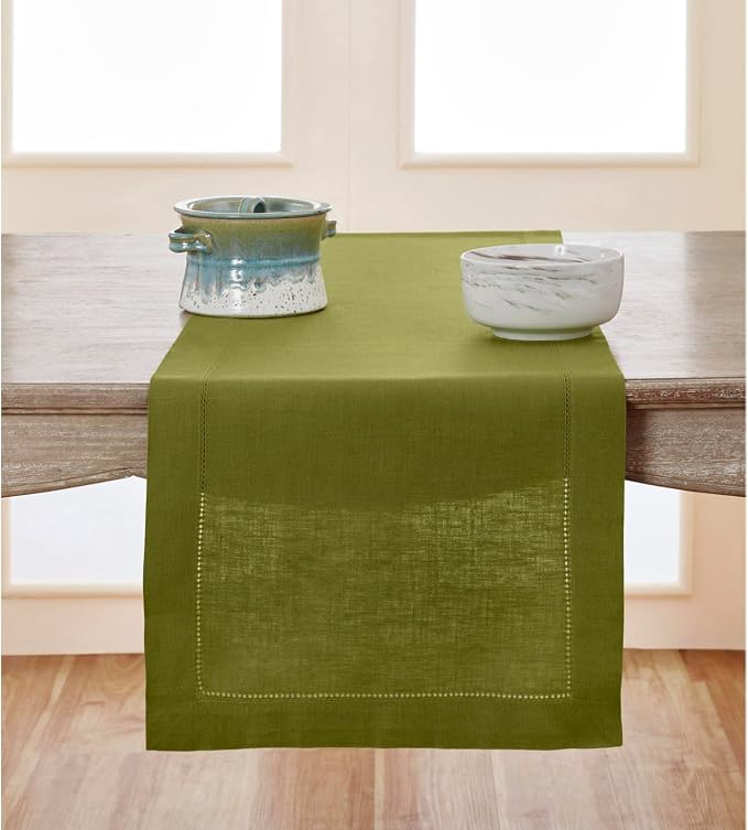 Solino Home 100% Pure Linen Table Runner Avocado Hemstitch, 14 x 108 in | Classic Hemstitch, a graceful centrepiece for dining and gatherings, hemstitched border, mitered corners, OEKO-TEX Certified