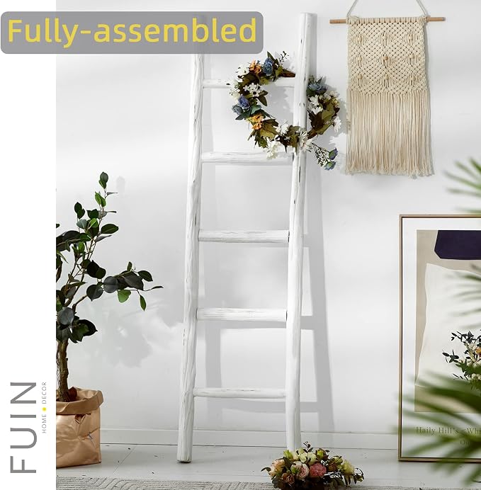 FUIN Blanket Ladder, 57in Rustic Wood Decor Rack, Fully Assembled, White | Farmhouse living room accent, Layered blanket towel quilt display, Visible wood grain, Bathroom and Bedroom use
