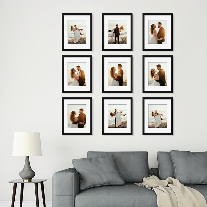 YESKAY 11x14 Picture Frame Set of 9, Photo Gallery Wall Frame Set, Display Pictures 8x10 with Mat or 11 x 14 Without Mat, Multi Photo Frames for Wall Mounting or Table Top Display, Black