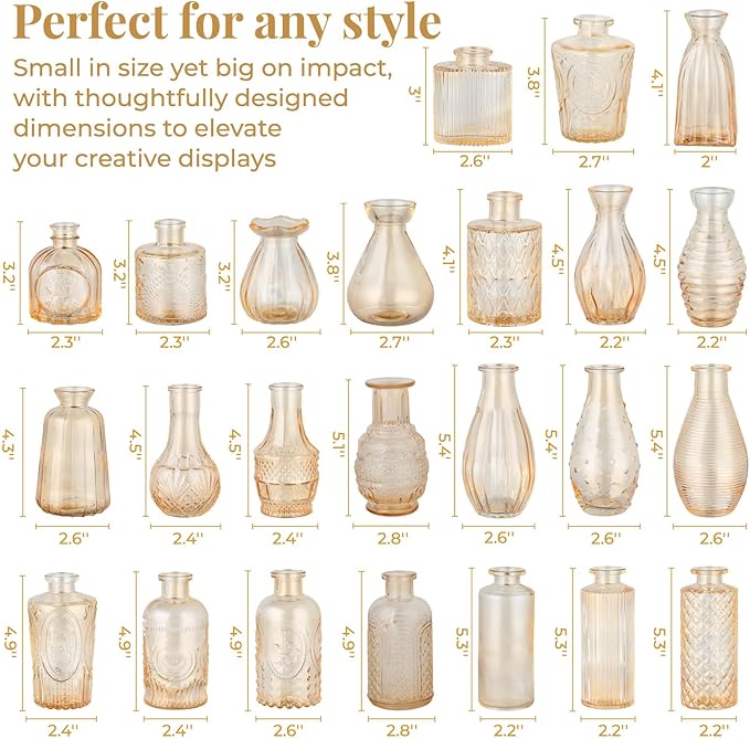 24 Pack Bud Vase in Bulk - BEAHOT Gold Flower Vases for Wedding Decorations, Glass Vase for Table Decorations, Small Vase for Home, Mother's Day, Centerpieces, Party, Office (Gold)