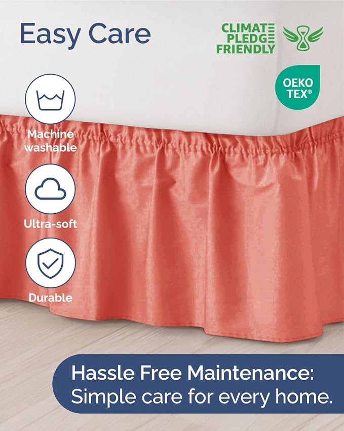 Wrap Around Dust Ruffle Bed Skirt, Full Size Beds - 12 Inch Drop, Coral | Easy Fit Elastic Strap, Adjustable Pleated Bedskirt w/Brushed Fabric, Wrinkle & Fade Free, for Women, Men, Kids & Teens
