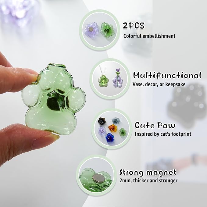 Nuvretk 2PCS Cat Whisker Holder, Cat Paw Glass Fridge Magnet Vase | Cat Paw Glass Design; Cat Whisker Keepsake Holder; Mini Magnetic Fridge Vase; Flower Display & Pet Memory Décor