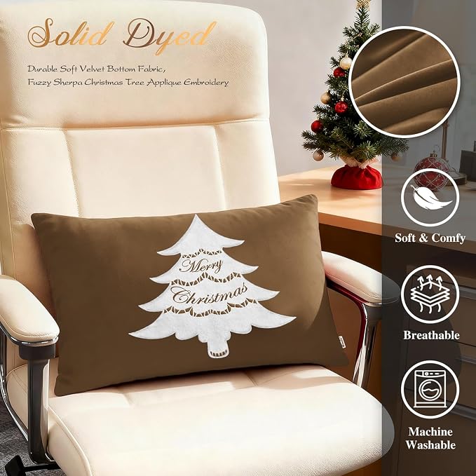 BRAWARM Christmas Pillow Cover 12 X 20 Inches, Brown Christmas Tree Embroidered Lumbar Pillow Cover, Soft Velvet Decorative Throw Pillow for Couch Bed Sofa Living Room Home