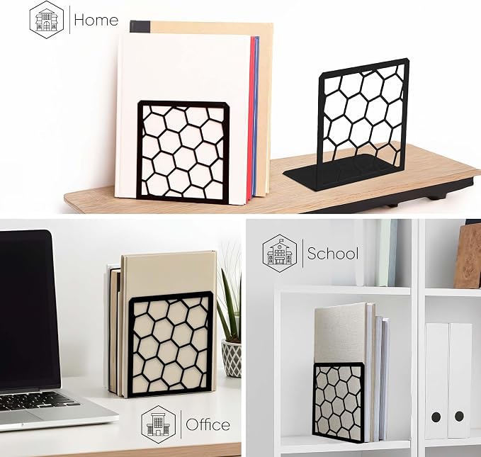 Black Geometric Honeycomb Metal Bookends - Book Ends for Shelves - Decorative Modern Heavy Duty Bookend Stopper - Book Ends for Heavy Books - Home Office Book Holder - 1 Pair, 6x3.25x6.25 in