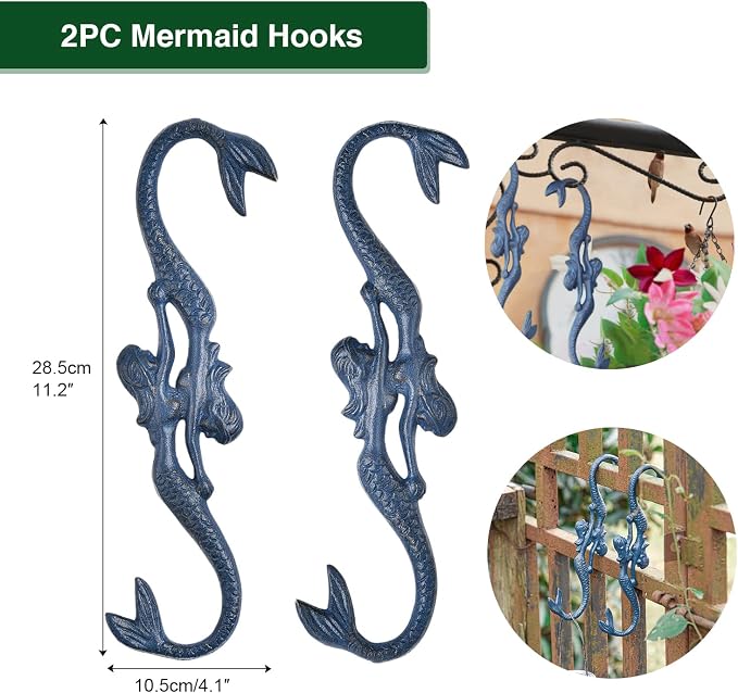 Sungmor Cast Iron Plant Hangers, 2PC Mermaid & 11 Inch Length, Large S Hooks for Hanging Plants, Ceiling Extender Hooks for Hanging Flower Basket, Planter, Macrame Plant Holder, Lantern, Windchime