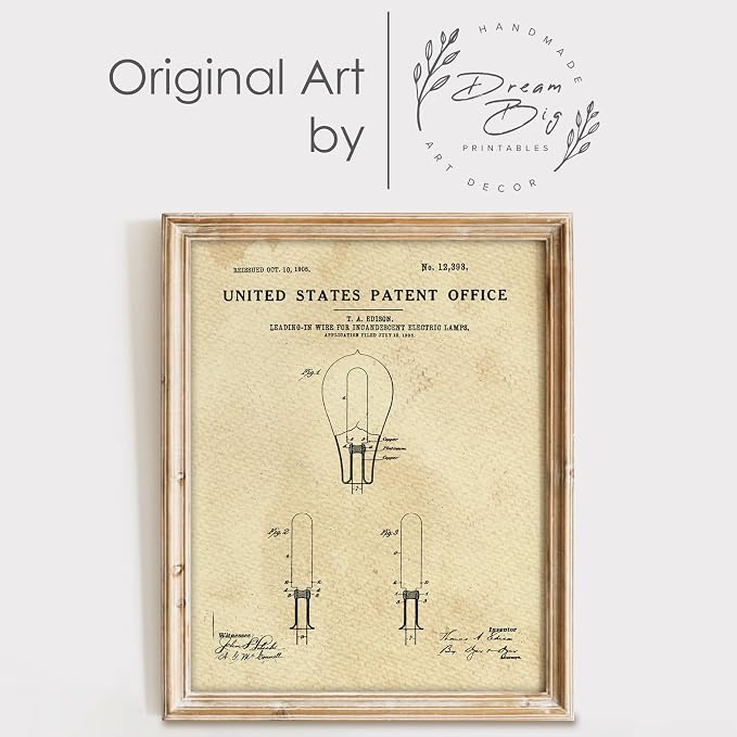 Light Bulb Patent Print Wall Art | Unframed 8x10 | Thomas Edison Vintage Wall Art | Aesthetic Wall Décor | Unique Design Print for Home, Office, or Living Room | Vintage Art Prints for Modern Spaces