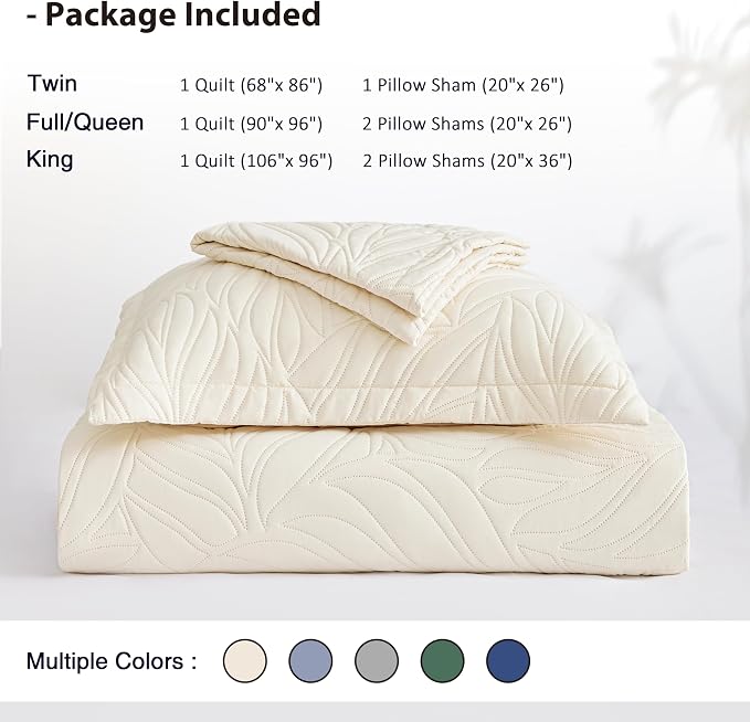 EXQ Home Queen Quilt Set Leaf Pattern Beige Bedspread | Bedding Set For All Season Use, Soft & Breathable Coverlet,3-Piece Set Includes 2 Shams, Machine Washable
