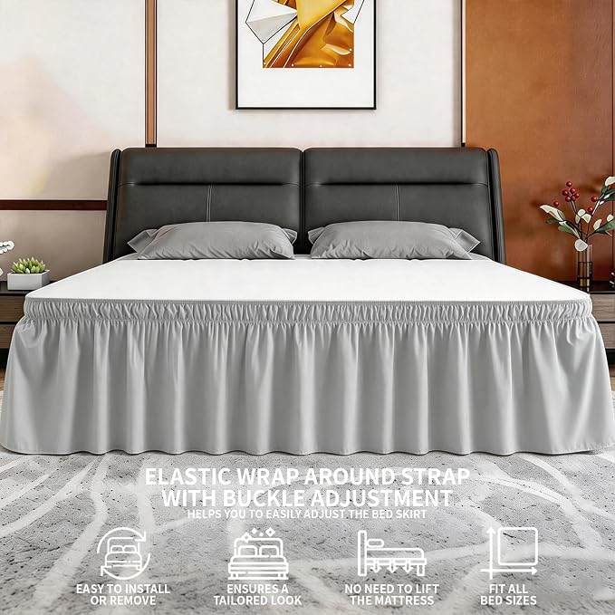 ANARACHON King Bed Skirt, Elastic Wrap Around Bed Skirt King Size, Bed Skirts for Adjustable Bed, Easy Fit with 18" Drop Length Tailored Drop Dust Ruffle (Grey)