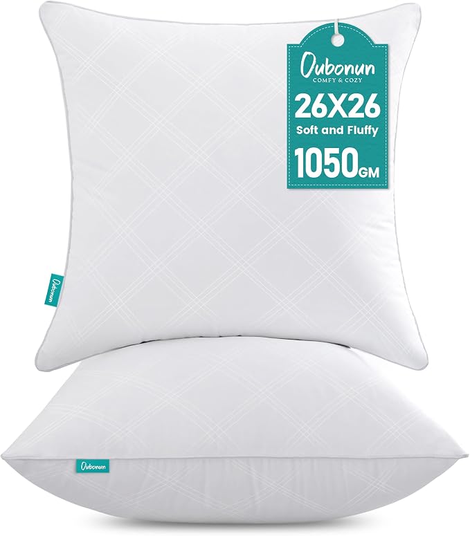 Oubonun 26x26 Throw Pillow Inserts Set of 2, White Square Interior Sofa Pillow Inserts, Decorative Pillow Insert Pair for Couch Bed Living Room