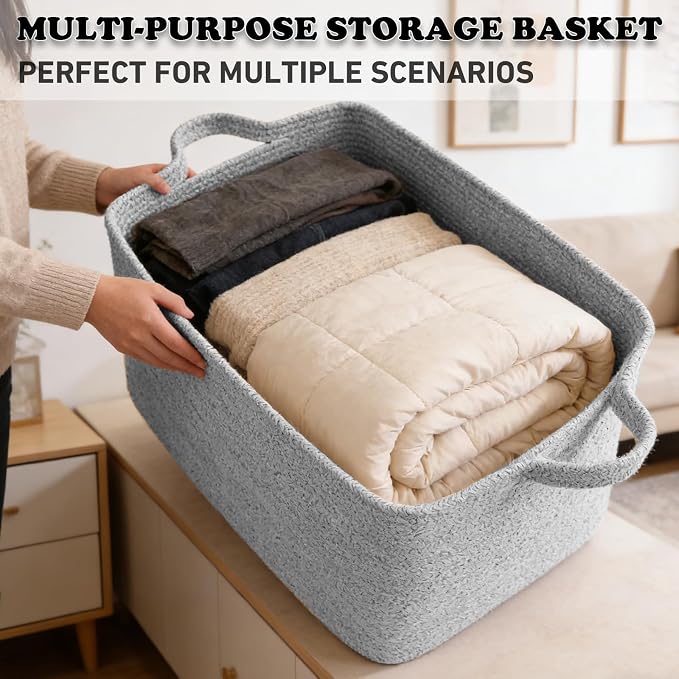 96L Woven Laundry Basket with Handles, Extra Blanket Basket, Grey | 24"×16"×15" Collapsible Cotton Rope Storage Basket for Toys Clothes & Pillows, Nursery, Bathroom, Bedroom, Living Room