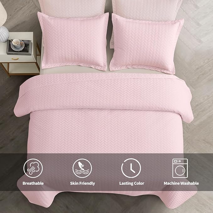 Maple&Stone Pink Quilt Set Twin/Twin XL, Extra Long Bedspread | Breathable Coverlet with Chevron Pattern, All-Season Dorm Bed Cover Set Bedding Decor 2 Piece