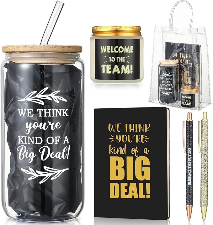 Thenshop 6 Pcs Welcome to the Team Gifts Bulk for New Employee Inspirational Glass Tumbler Notebook Pens Scented Candle with PVC Bag Employee Appreciation Gift Sets for New Coworker Office(Black)
