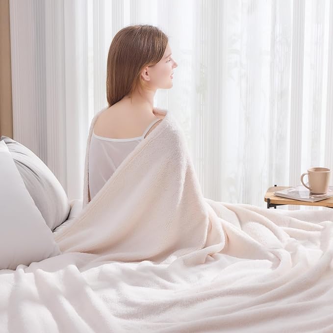 NEWCOSPLAY Knitted Throw Blanket for Couch Sofa Bed, Ivory, 90"x110" | Super Soft Plush, Fuzzy Fluffy Microfiber, Lightweight Cozy Blanket for Room Decor, All Season Use