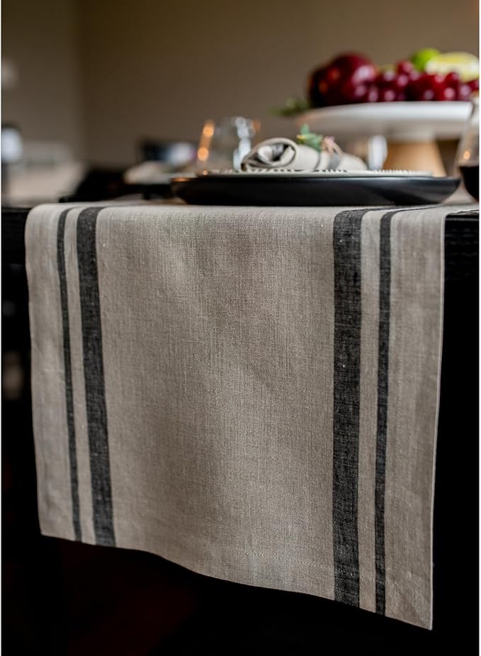 Solino Home 100% Pure Linen Table Runner, 14 x 90 in, Black, French Stripe | styles dining tables for meals and celebrations, woven stripe, European flax fibres, machine washable, OEKO-TEX Certified