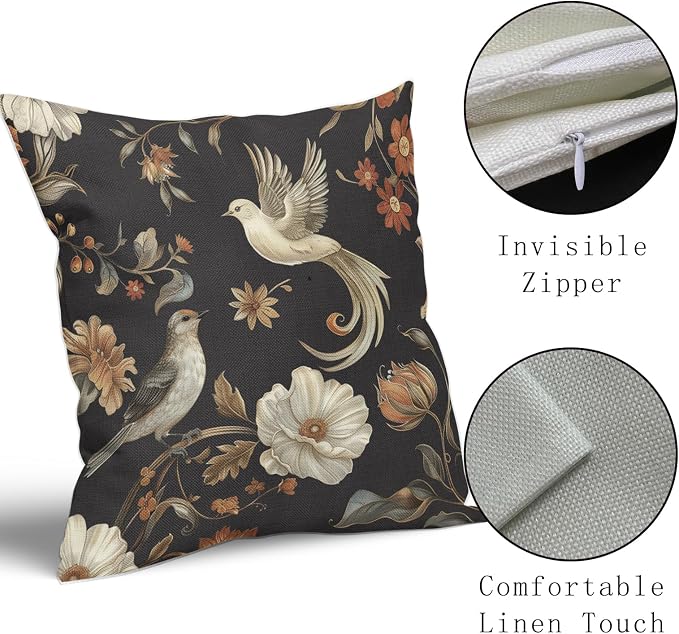 Kawani Vintage Floral Pillow Covers 16x16 Inch Set of 2 Black Chinoiserie Flower and Bird Outdoor Decorative Throw Pillows Retro Rustic Pillowcases Farmhouse Cushion Covers for Couch Home Decor