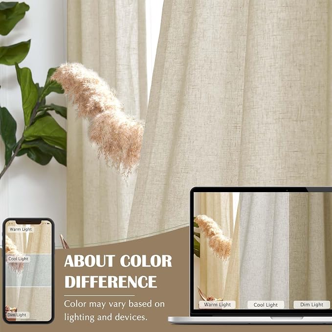 jinchan Lined Linen Curtains Privacy Back Tab 50x96 Inch 2 Panels Oatmeal | Light Filtering Curtains with White Privacy Liner, Cottage Core Farmhouse Curtains for Living Room, Rod Pocket 96 Inch Length