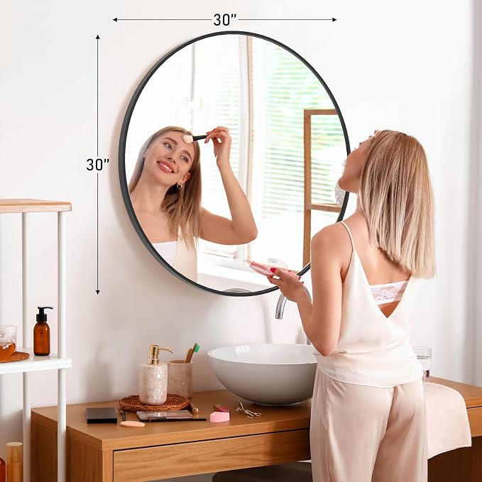 NEWBULIG 30 Inch Round Bathroom Mirror, Wall Mount Vanity Mirror | Circle Mirror for Over Sink, Matte Metal Frame, Entryway Decor, Bedroom Decor, Black