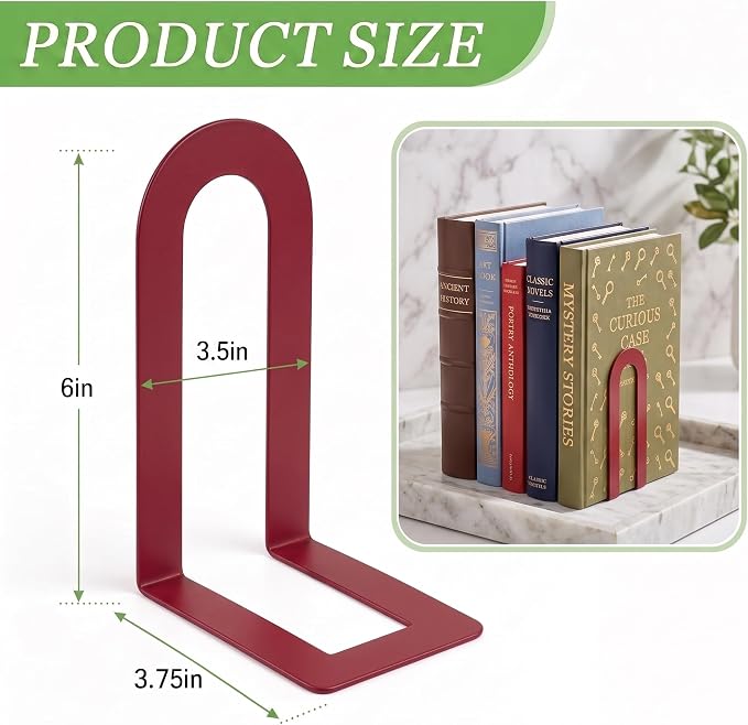 Sanwarm Bookends, 6 Pcs, Metal, for Home Office Desk Shelves Modern Red | Metal Decorative Book Ends Non-Skid Book Stoppers Holder 3 Pair Gifts for Reading Enthusiasts Library Decor